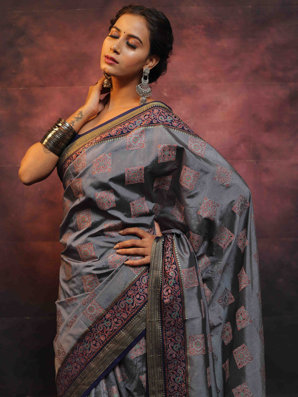 Banarasee Semi Silk Meena Work Saree-Grey