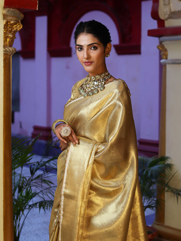 Banarasee Handwoven Tissue Saree With Zari Weaving Design & Lace-Gold