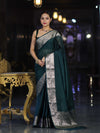 Banarasee Handwoven Plain Semi Silk Saree With Zari Border-Deep Green