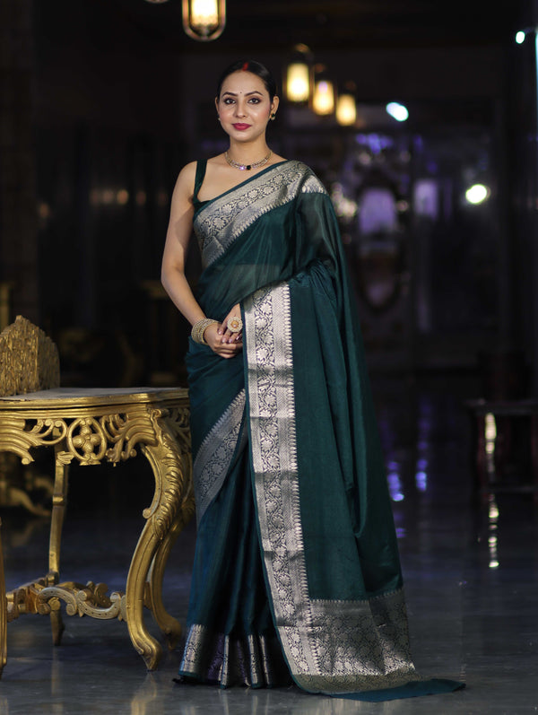 Banarasee Handwoven Plain Semi Silk Saree With Zari Border-Deep Green