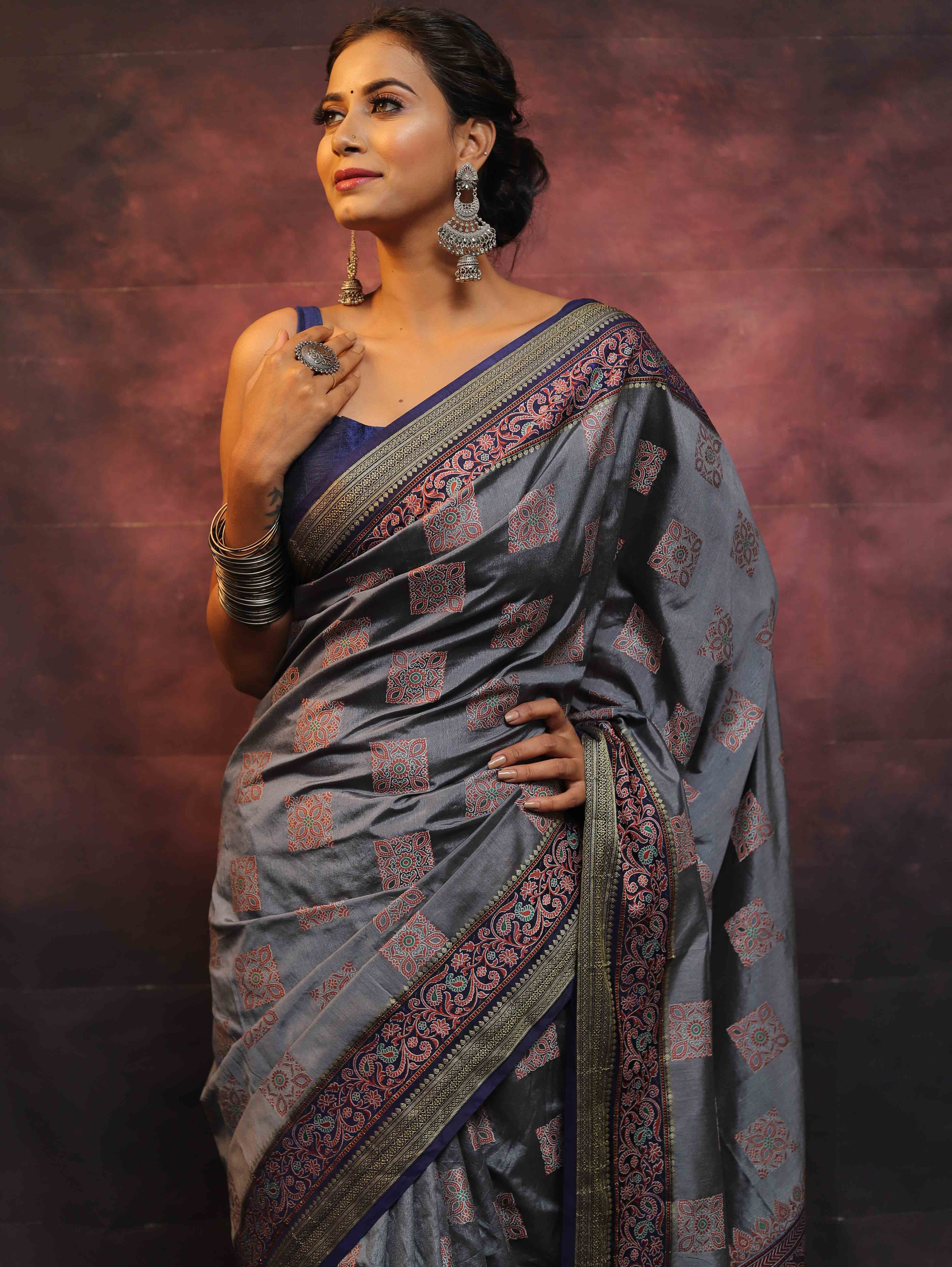 Banarasee Semi Silk Meena Work Saree-Grey