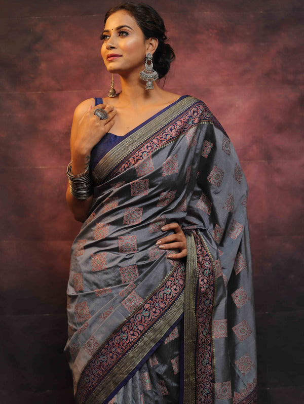 Banarasee Semi Silk Meena Work Saree-Grey