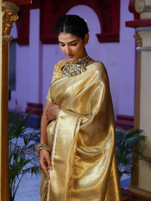 Banarasee Handwoven Tissue Saree With Zari Weaving Design & Lace-Gold