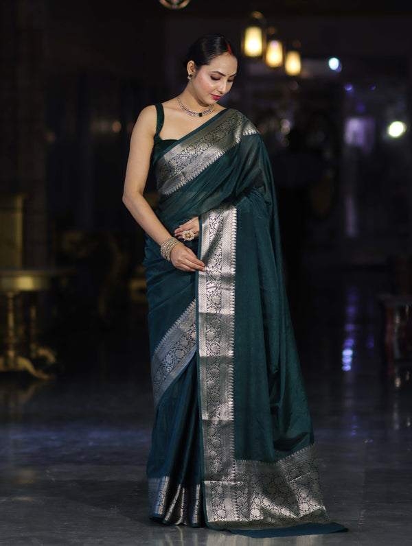 Banarasee Handwoven Plain Semi Silk Saree With Zari Border-Deep Green