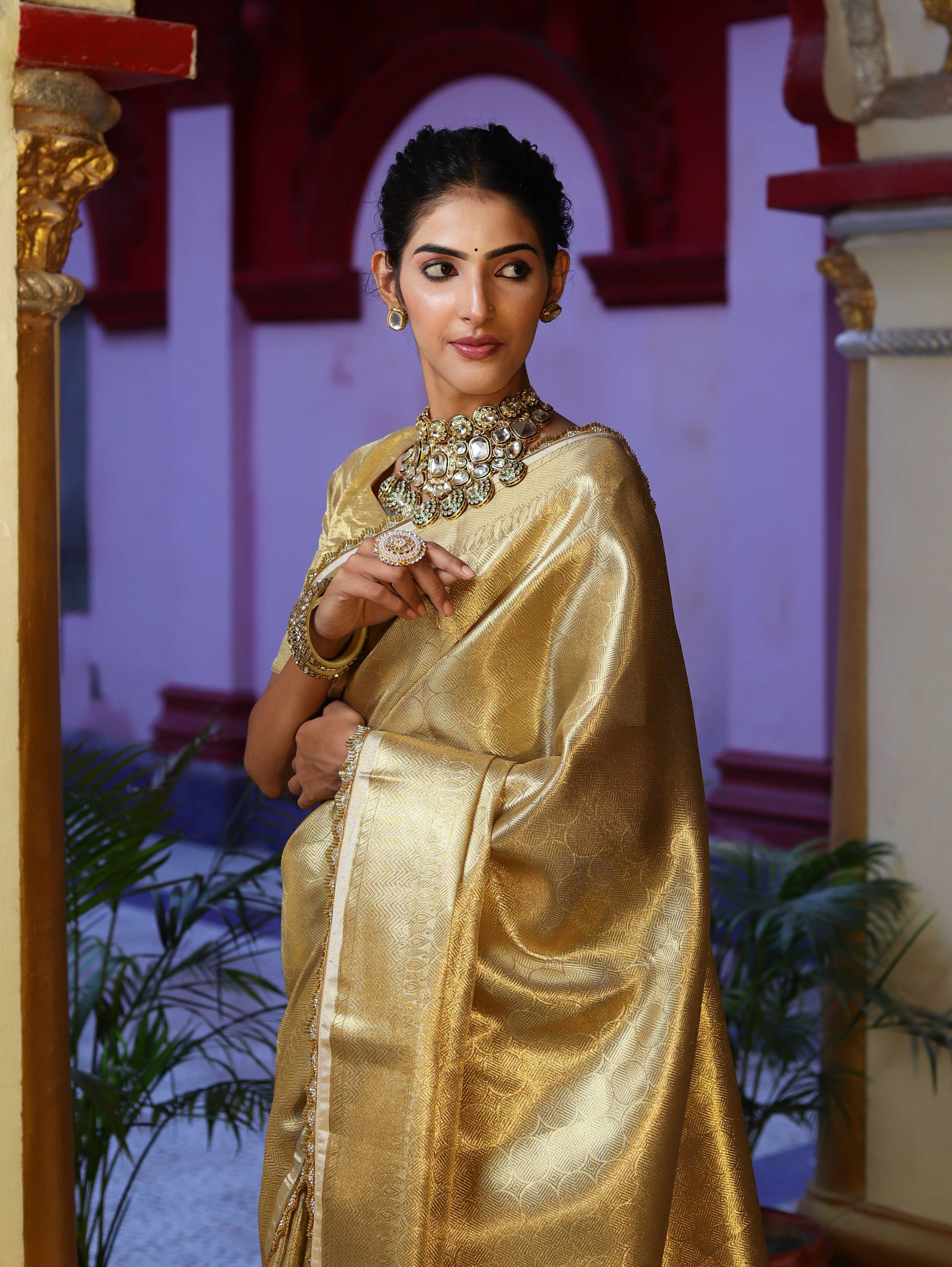 Banarasee Handwoven Tissue Saree With Zari Weaving Design & Lace-Gold