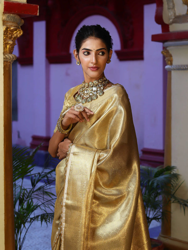 Banarasee Handwoven Tissue Saree With Zari Weaving Design & Lace-Gold