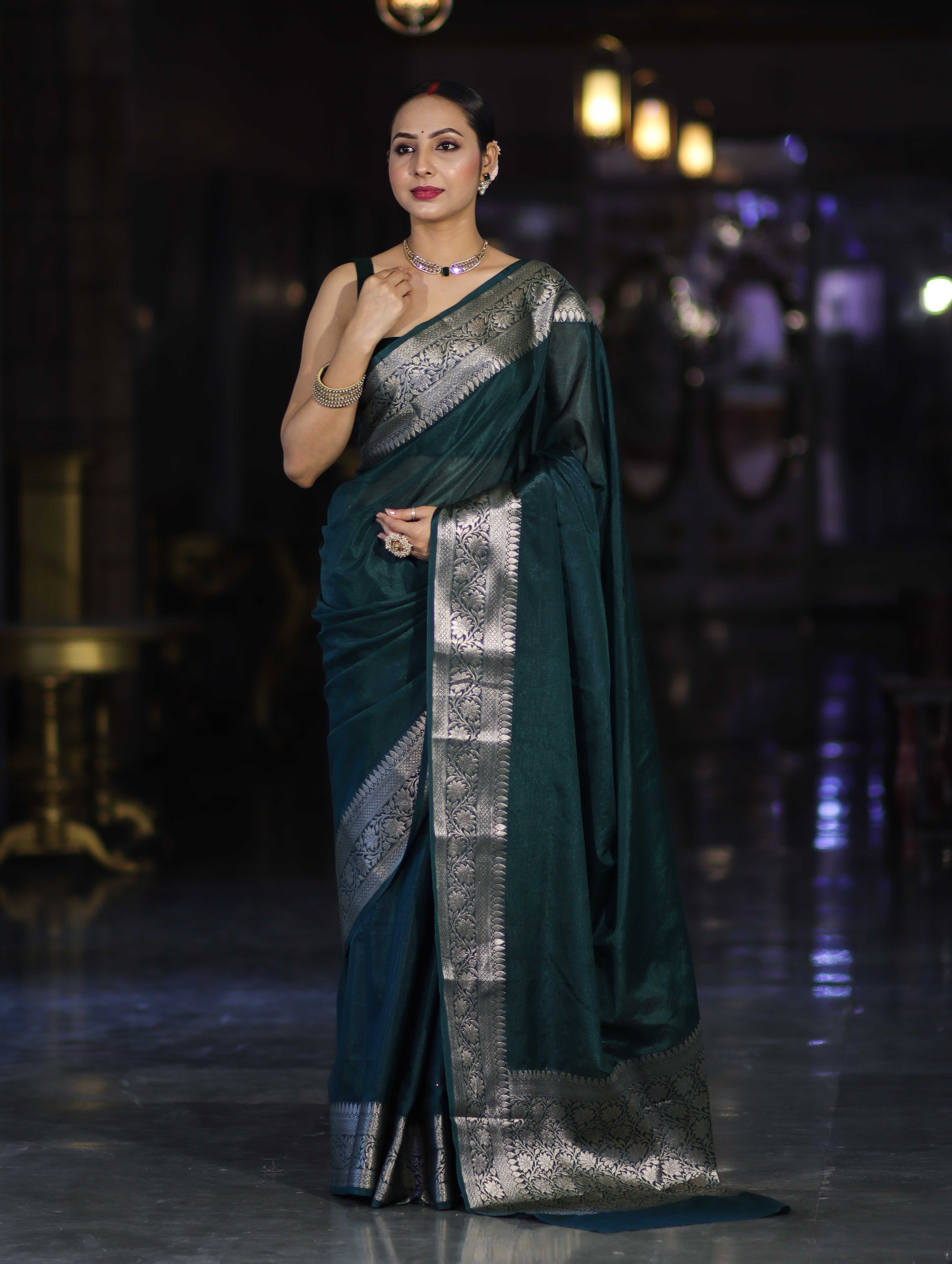 Banarasee Handwoven Plain Semi Silk Saree With Zari Border-Deep Green