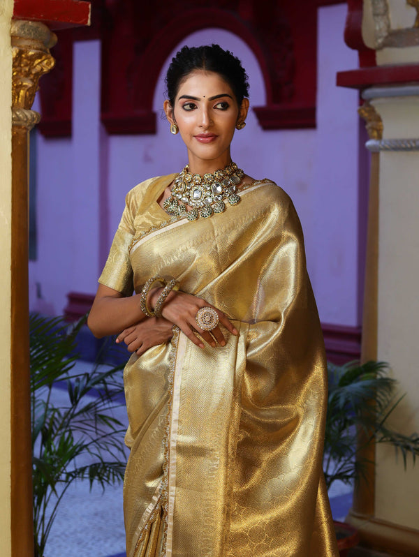 Banarasee Handwoven Tissue Saree With Zari Weaving Design & Lace-Gold