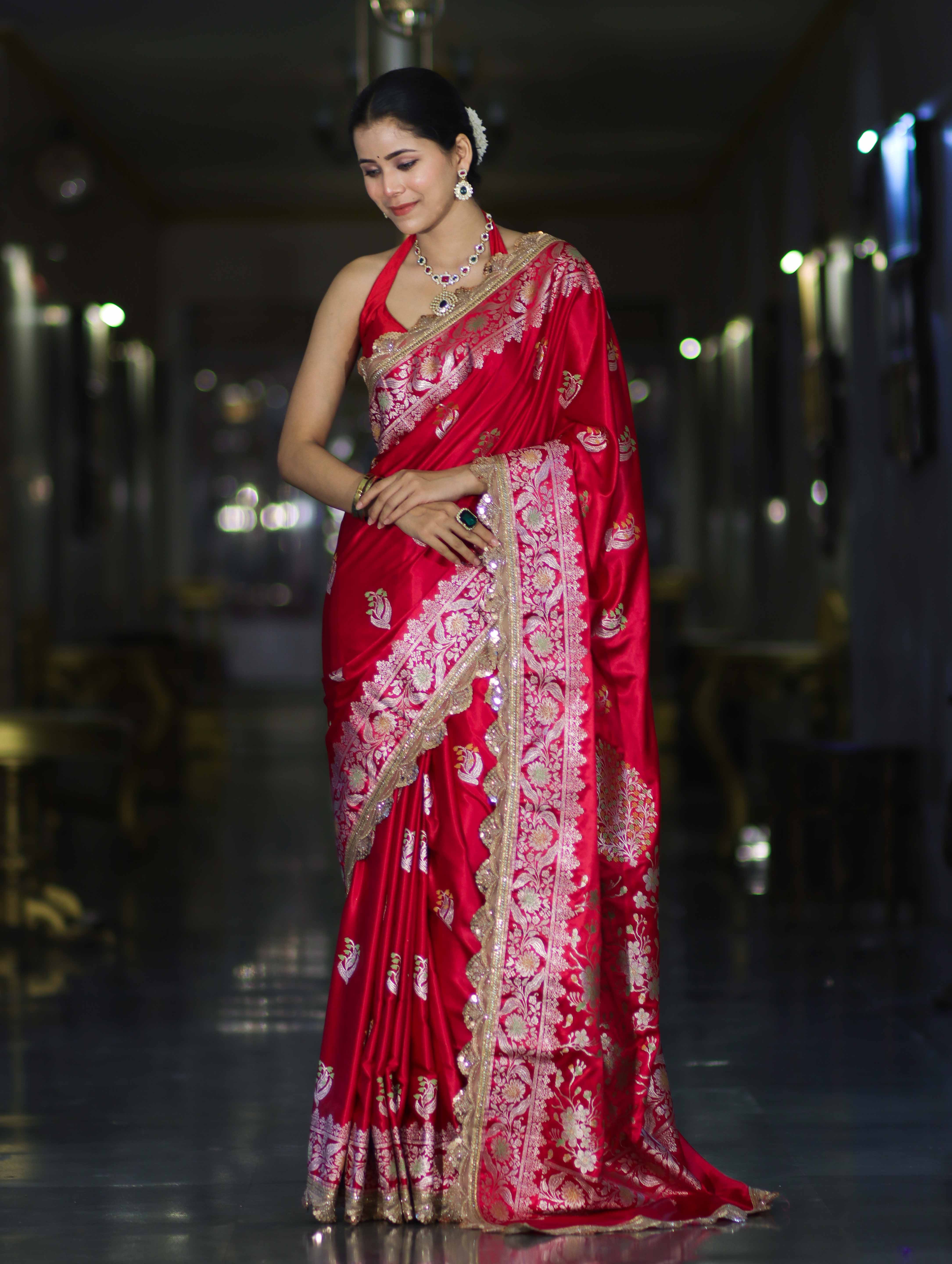 Banarasee Handloom Mashru Silk Saree With Sona Rupa Zari Work Border & Lace-Cherry Red