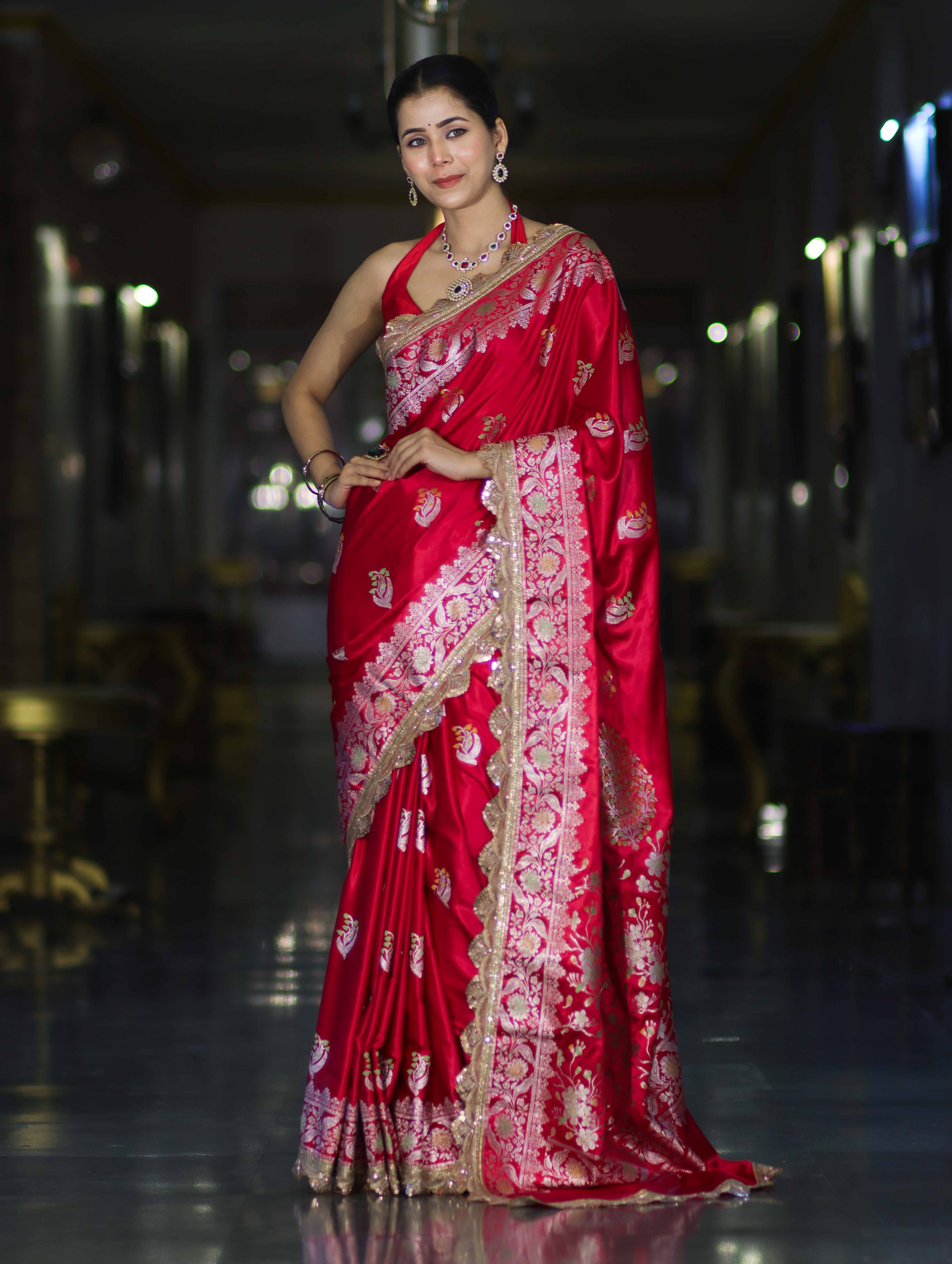 Banarasee Handloom Mashru Silk Saree With Sona Rupa Zari Work Border & Lace-Cherry Red