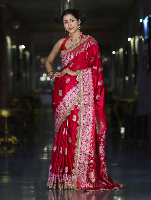 Banarasee Handloom Mashru Silk Saree With Sona Rupa Zari Work Border & Lace-Cherry Red