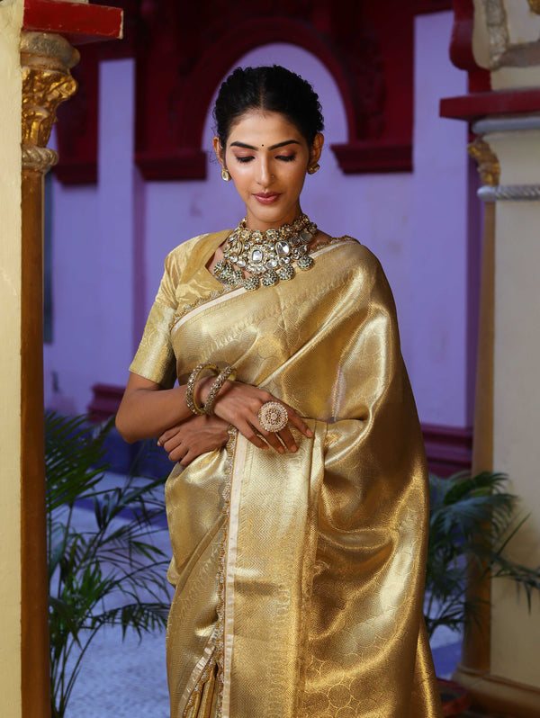 Banarasee Handwoven Tissue Saree With Zari Weaving Design & Lace-Gold