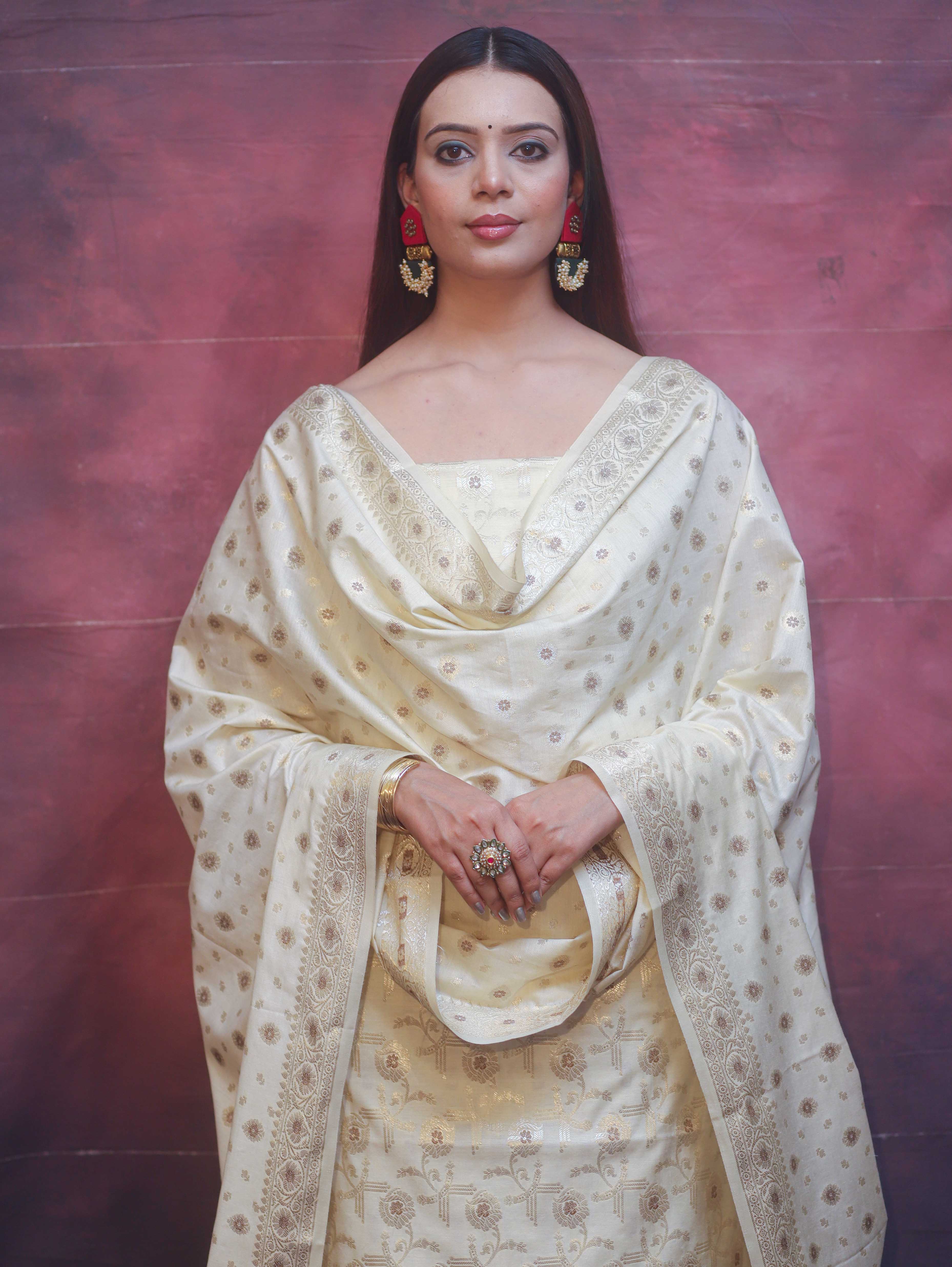 Banarasee Art Silk Resham Design Salwar Kameez With Dupatta Set-Ivory White