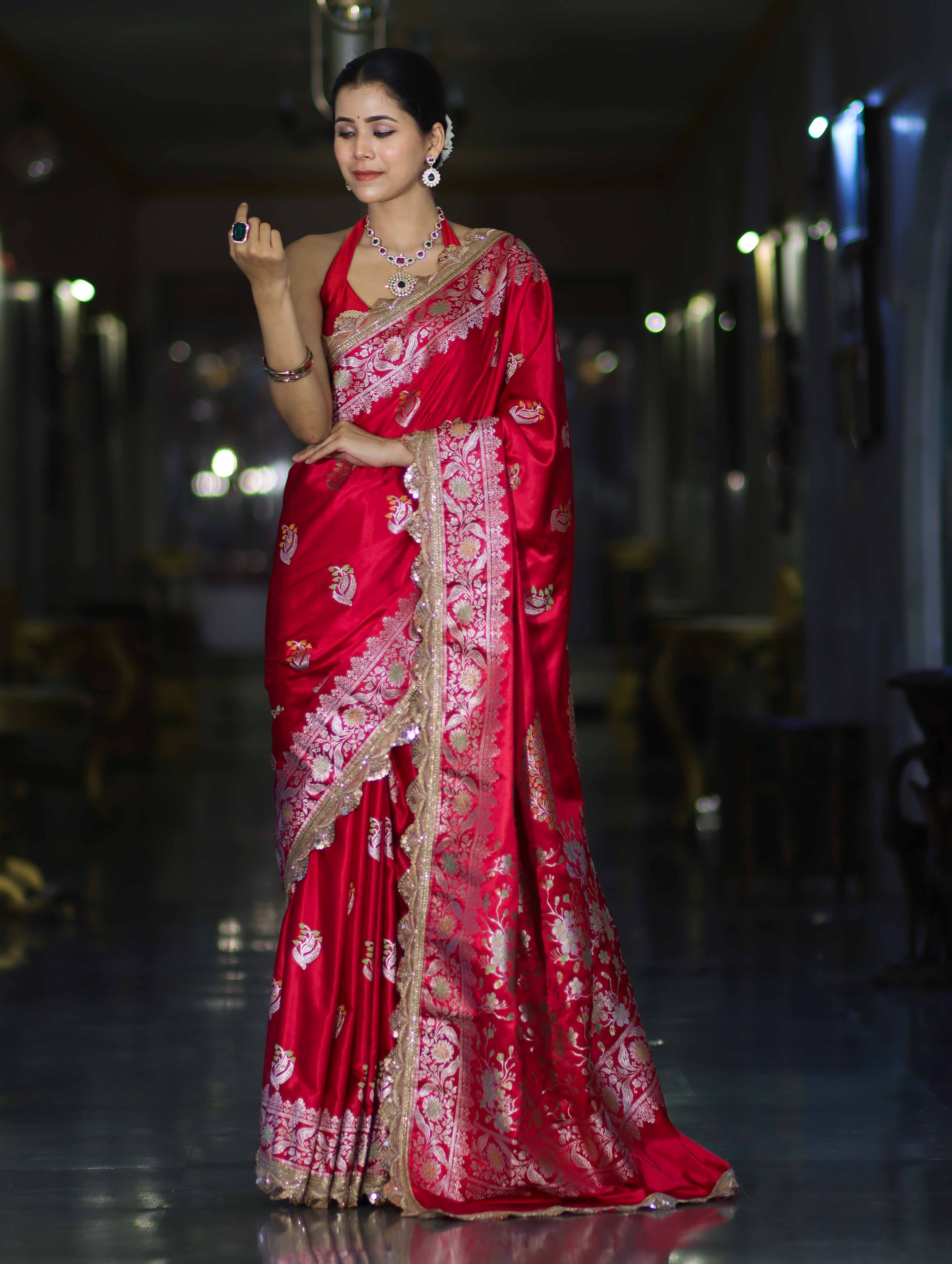 Banarasee Handloom Mashru Silk Saree With Sona Rupa Zari Work Border & Lace-Cherry Red