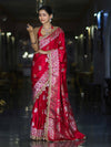 Banarasee Handloom Mashru Silk Saree With Sona Rupa Zari Work Border & Lace-Cherry Red