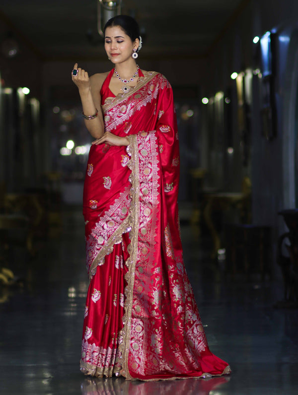 Banarasee Handloom Mashru Silk Saree With Sona Rupa Zari Work Border & Lace-Cherry Red