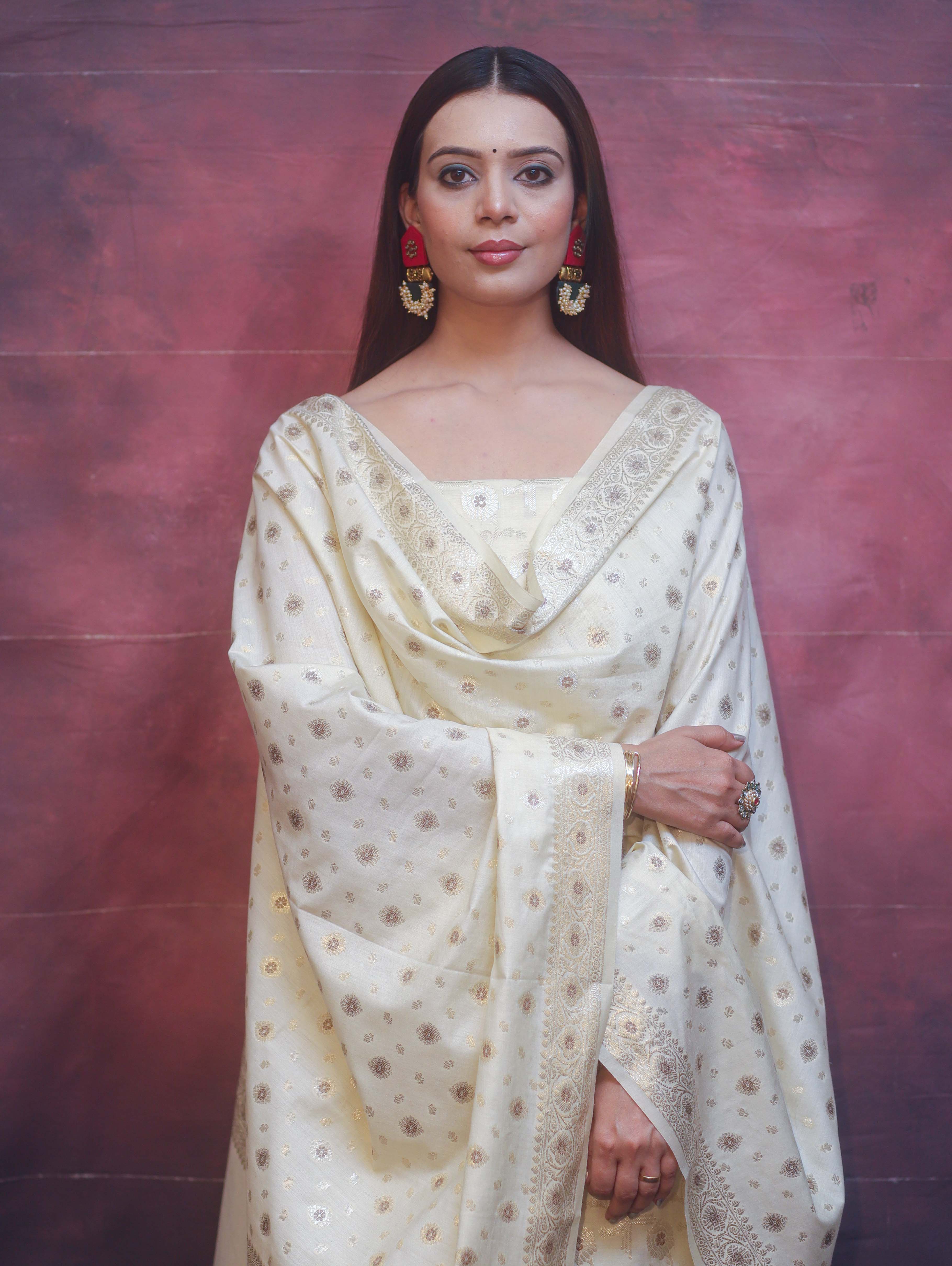 Banarasee Art Silk Resham Design Salwar Kameez With Dupatta Set-Ivory White