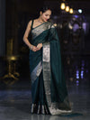 Banarasee Handwoven Plain Semi Silk Saree With Zari Border-Deep Green
