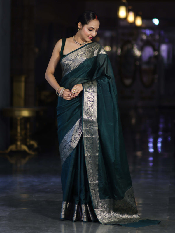 Banarasee Handwoven Plain Semi Silk Saree With Zari Border-Deep Green