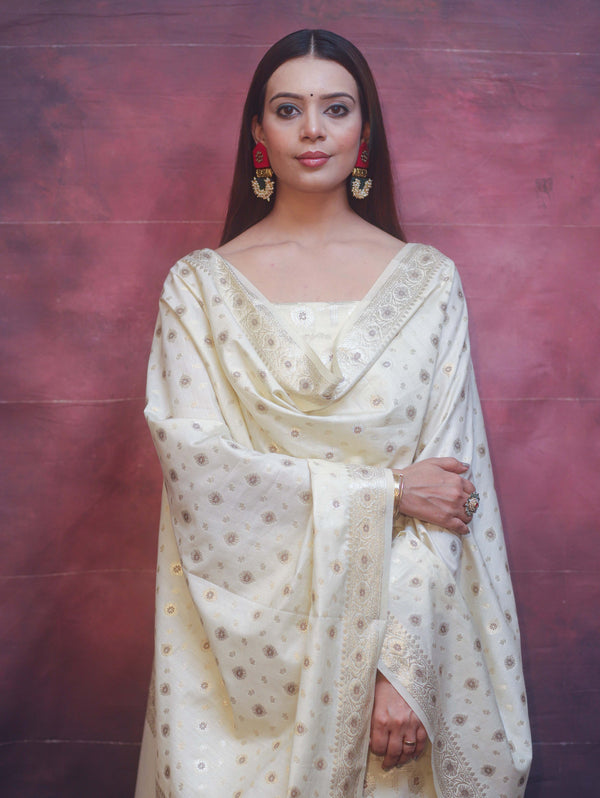 Banarasee Art Silk Resham Design Salwar Kameez With Dupatta Set-Ivory White