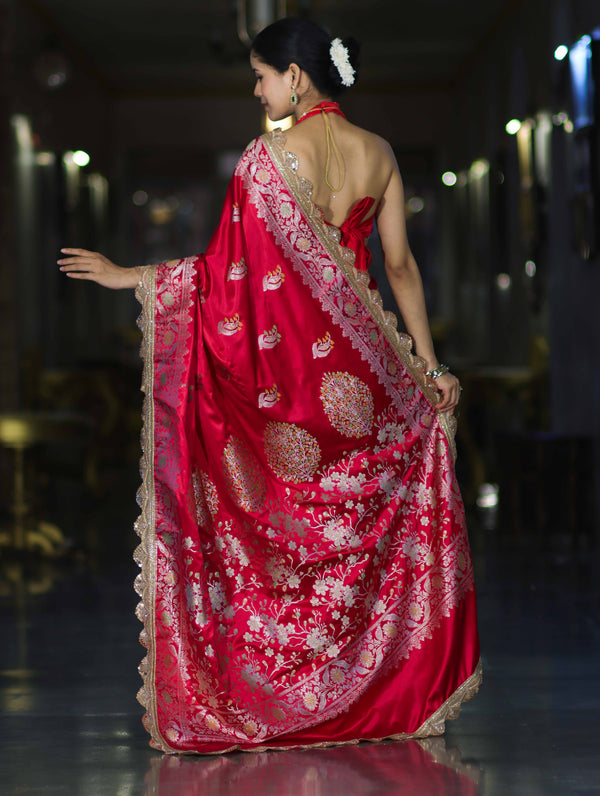 Banarasee Handloom Mashru Silk Saree With Sona Rupa Zari Work Border & Lace-Cherry Red