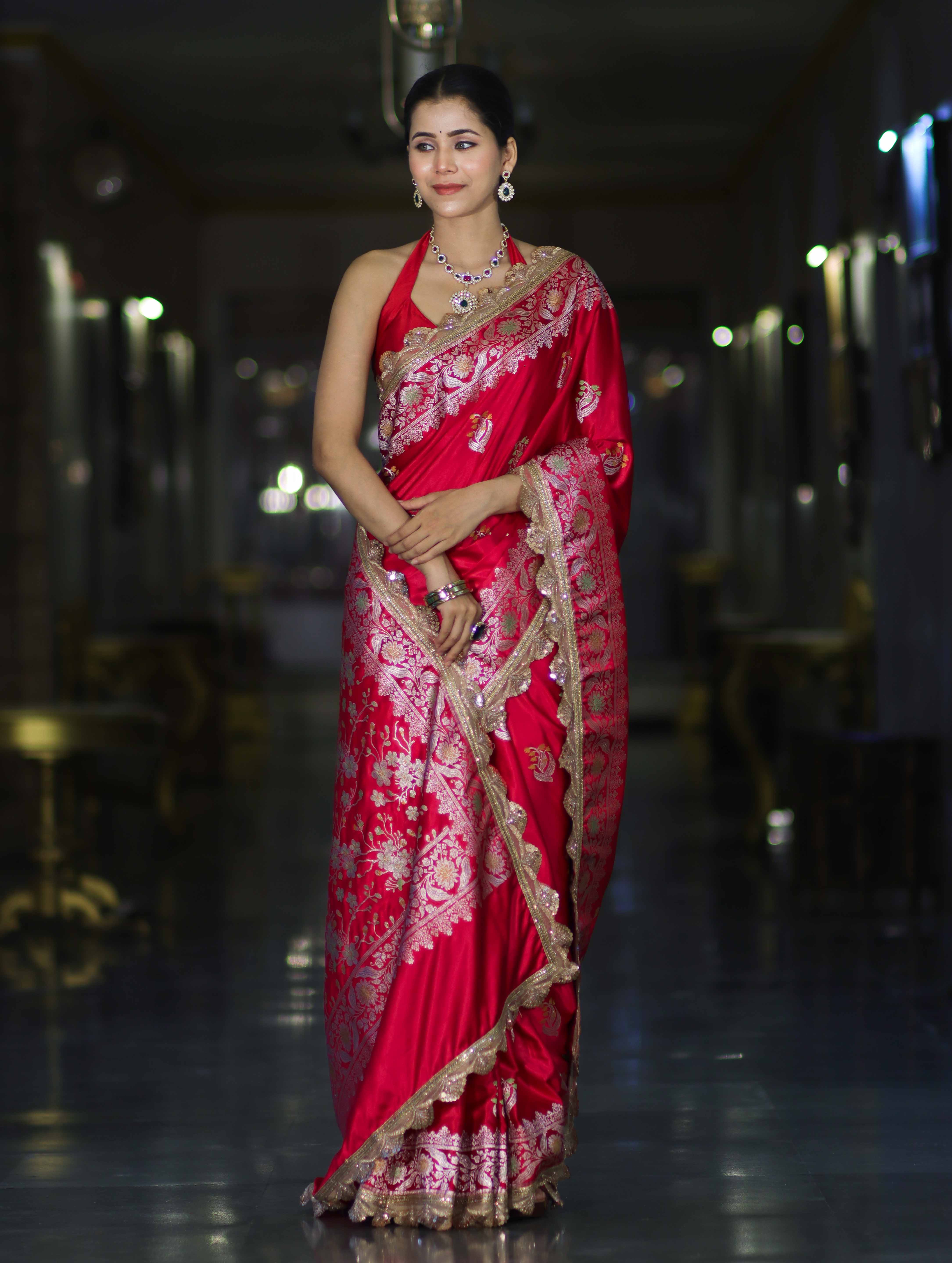 Banarasee Handloom Mashru Silk Saree With Sona Rupa Zari Work Border & Lace-Cherry Red