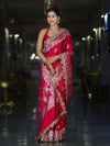 Banarasee Handloom Mashru Silk Saree With Sona Rupa Zari Work Border & Lace-Cherry Red