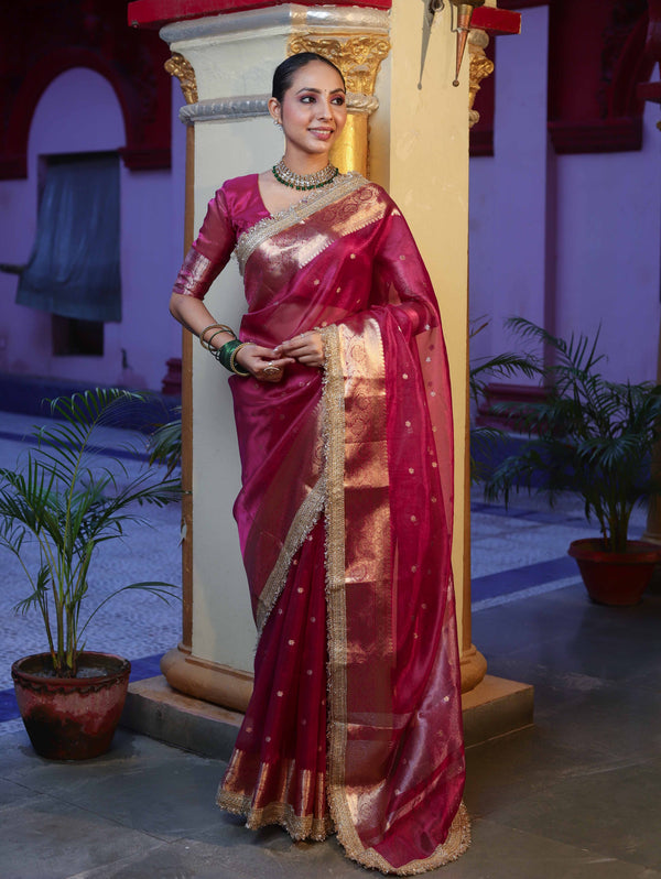 Banarasee Handwoven Tissue Saree With Zari Buti Design Border & Lace-Magenta