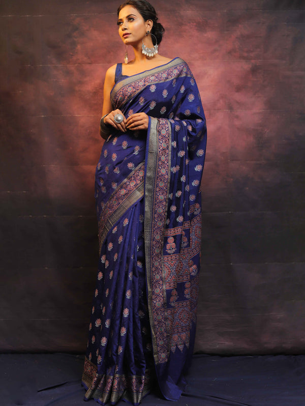 Banarasee Semi Silk Meena Work Saree-Blue