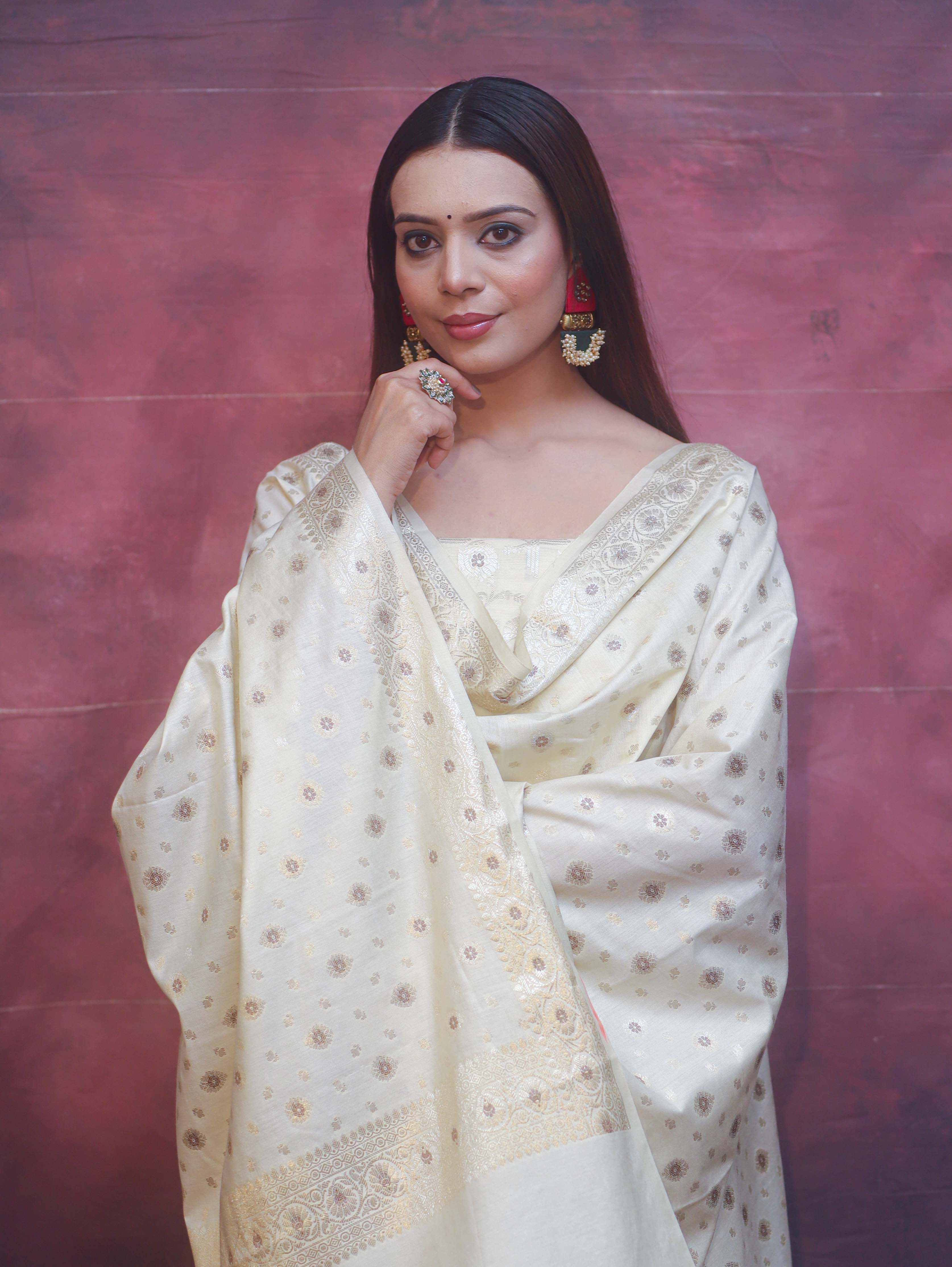 Banarasee Art Silk Resham Design Salwar Kameez With Dupatta Set-Ivory White