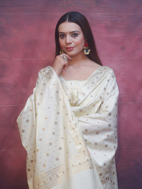 Banarasee Art Silk Resham Design Salwar Kameez With Dupatta Set-Ivory White