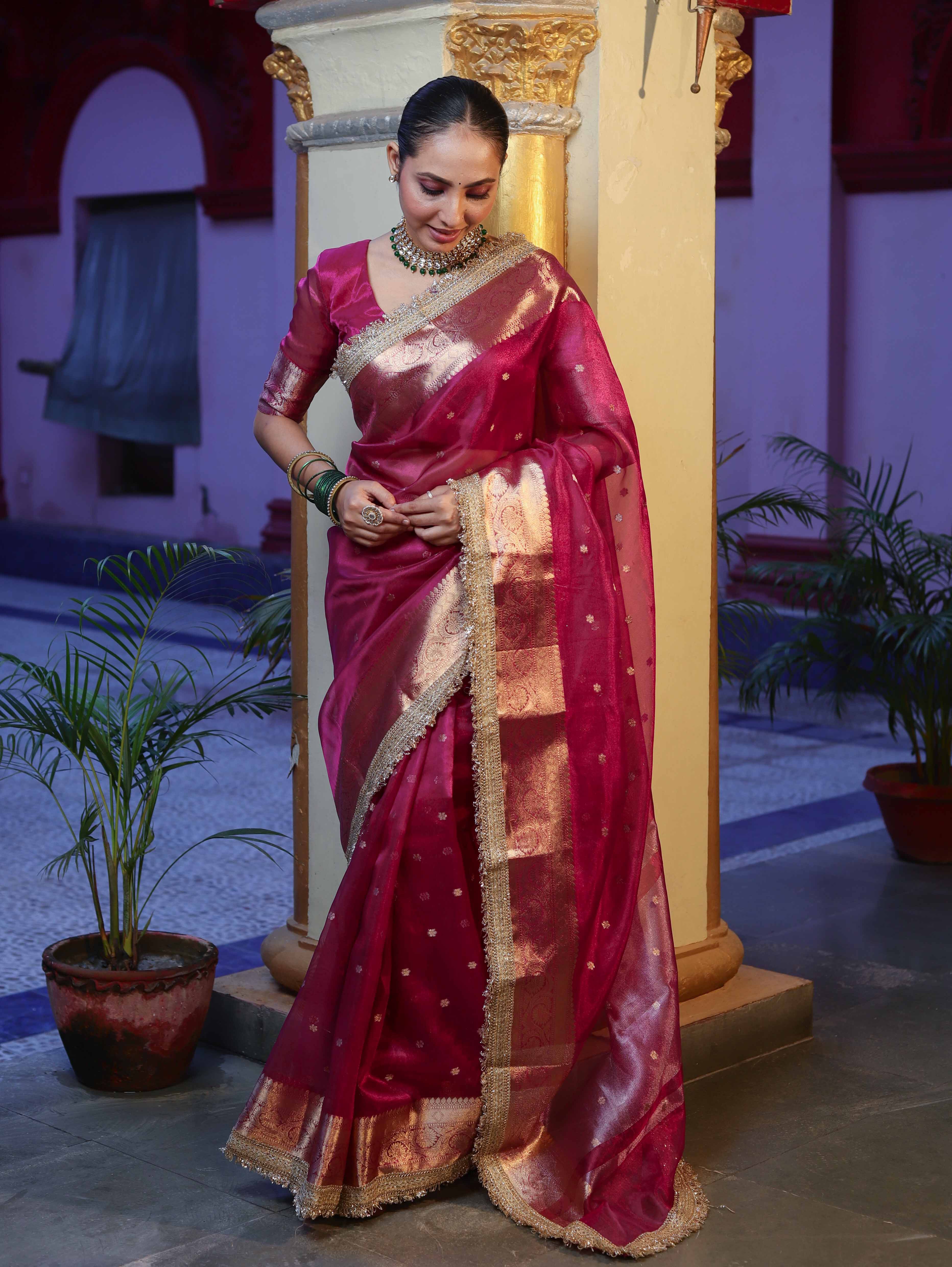 Banarasee Handwoven Tissue Saree With Zari Buti Design Border & Lace-Magenta