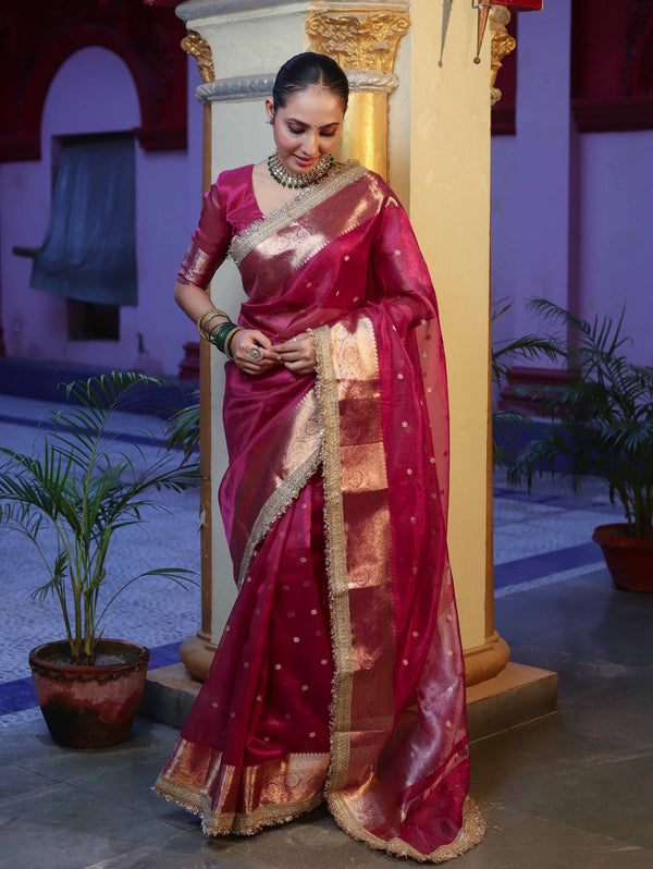 Banarasee Handwoven Tissue Saree With Zari Buti Design Border & Lace-Magenta