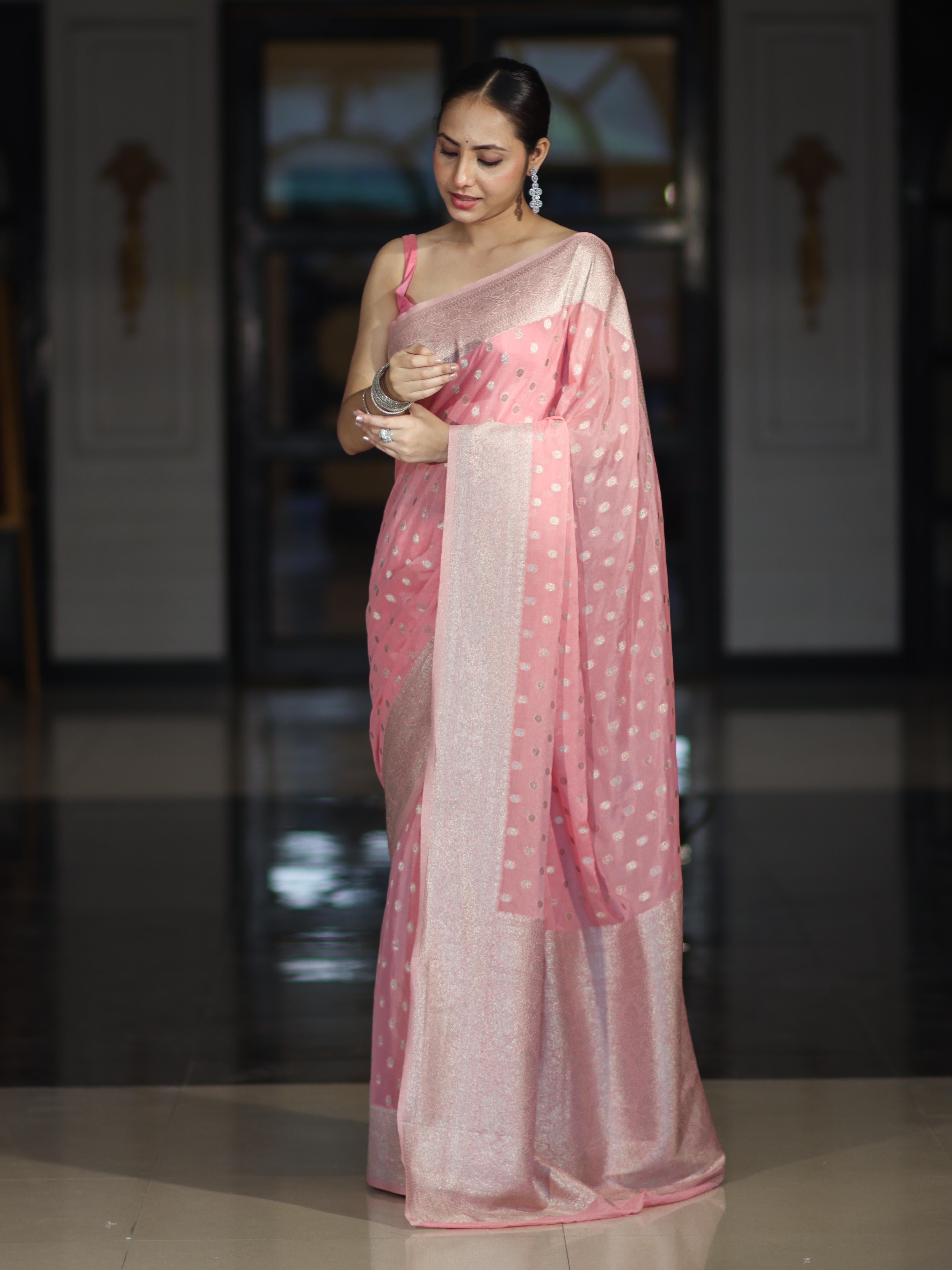 Banarasee Handwoven Chiffon Saree With Polka Dots Design & Border-Peachy Pink