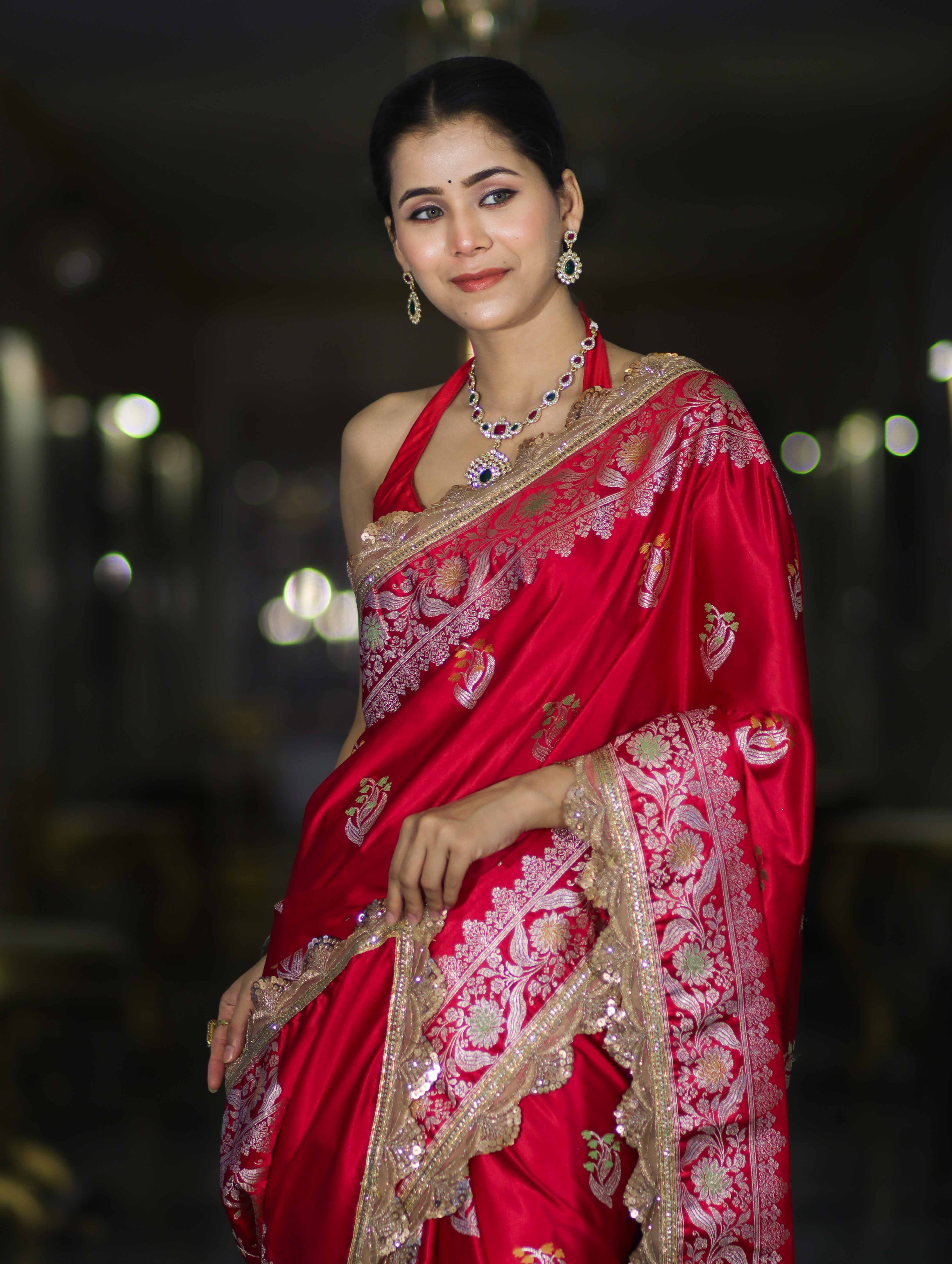 Banarasee Handloom Mashru Silk Saree With Sona Rupa Zari Work Border & Lace-Cherry Red