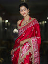 Banarasee Handloom Mashru Silk Saree With Sona Rupa Zari Work Border & Lace-Cherry Red