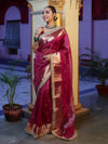 Banarasee Handwoven Tissue Saree With Zari Buti Design Border & Lace-Magenta