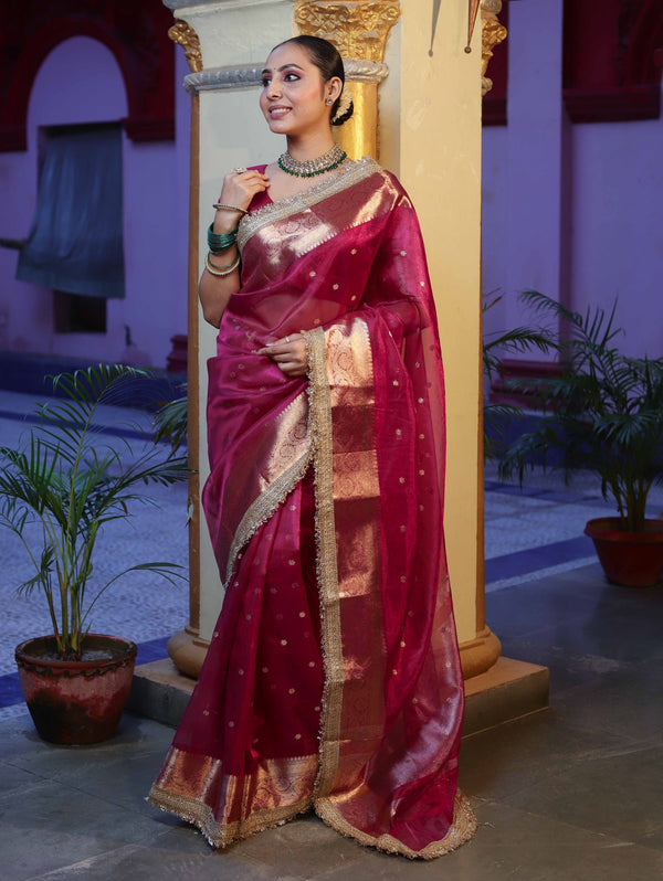 Banarasee Handwoven Tissue Saree With Zari Buti Design Border & Lace-Magenta