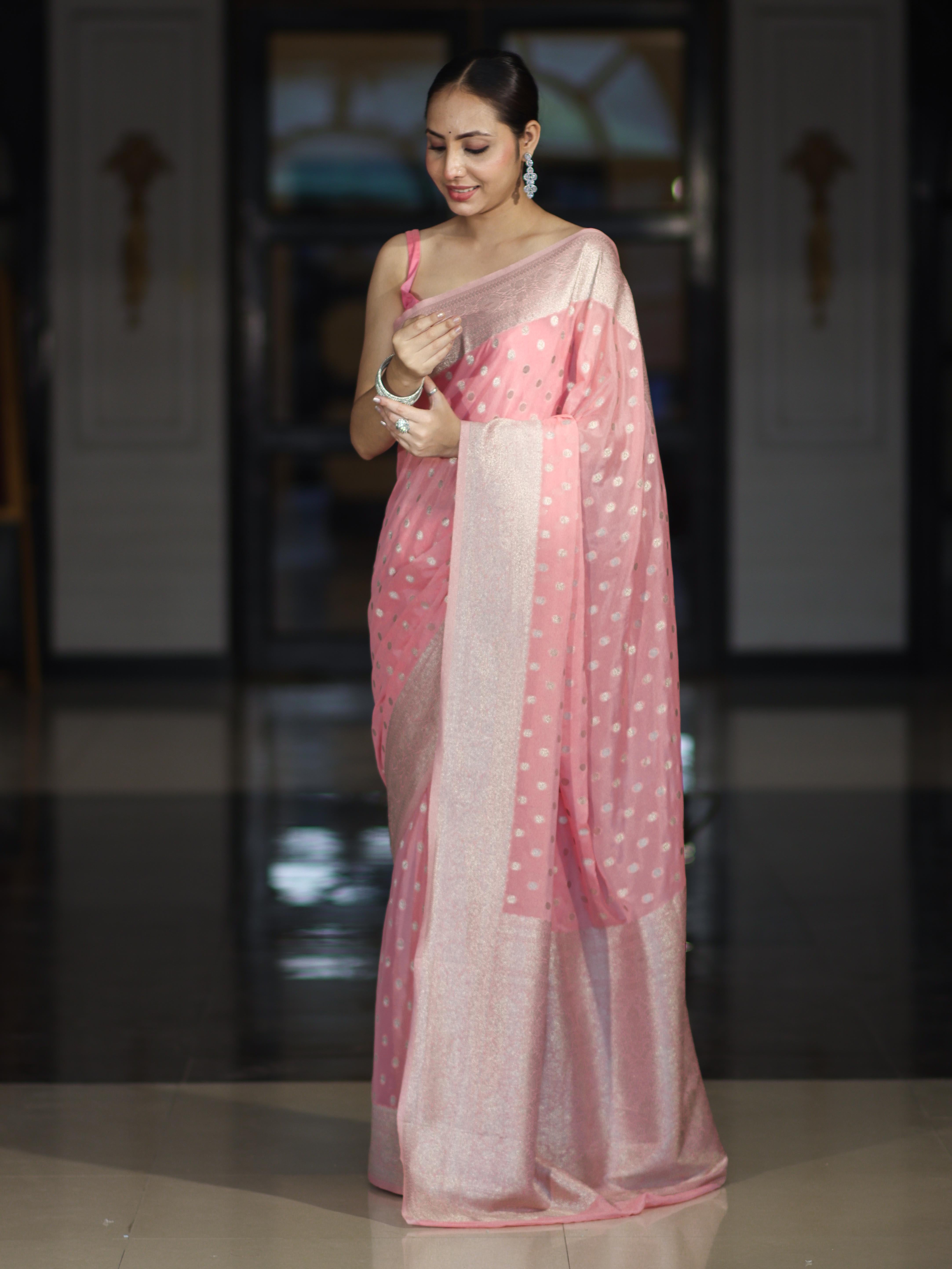Banarasee Handwoven Chiffon Saree With Polka Dots Design & Border-Peachy Pink