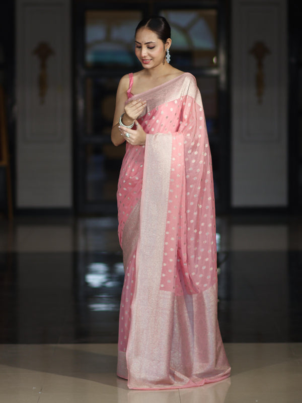 Banarasee Handwoven Chiffon Saree With Polka Dots Design & Border-Peachy Pink