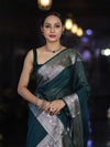 Banarasee Handwoven Plain Semi Silk Saree With Zari Border-Deep Green