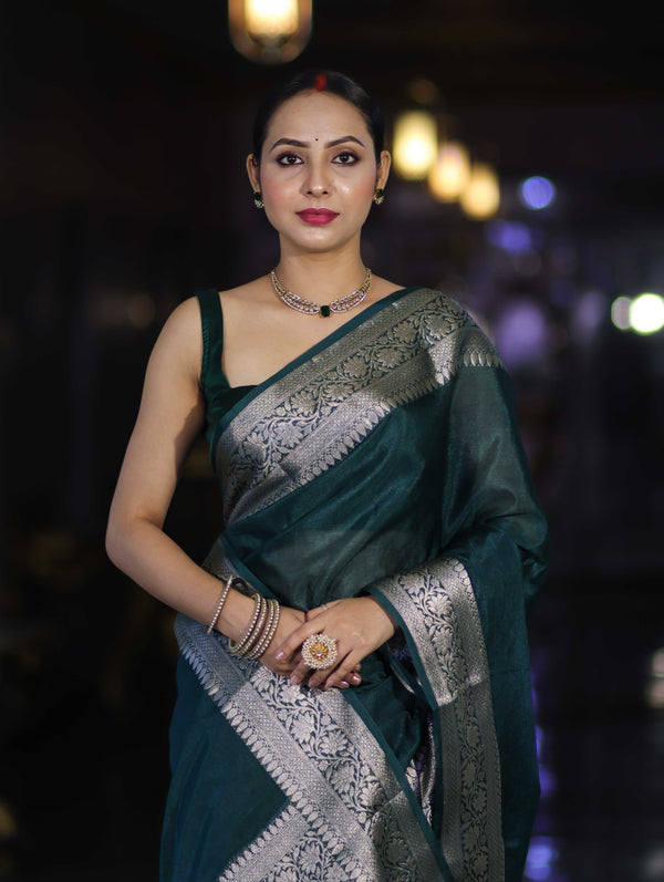 Banarasee Handwoven Plain Semi Silk Saree With Zari Border-Deep Green