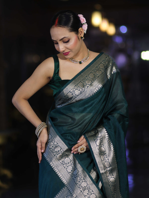 Banarasee Handwoven Plain Semi Silk Saree With Zari Border-Deep Green