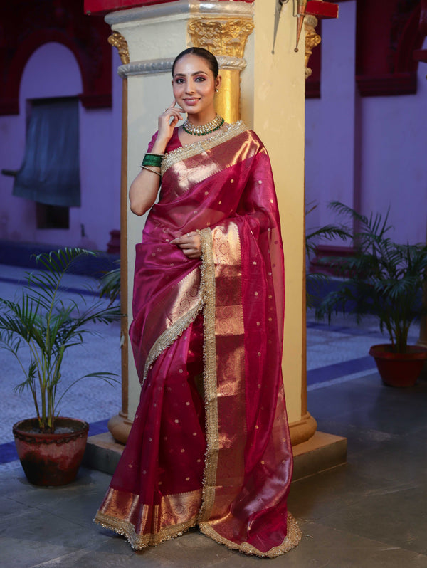 Banarasee Handwoven Tissue Saree With Zari Buti Design Border & Lace-Magenta
