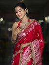 Banarasee Handloom Mashru Silk Saree With Sona Rupa Zari Work Border & Lace-Cherry Red