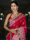 Banarasee Handloom Mashru Silk Saree With Sona Rupa Zari Work Border & Lace-Cherry Red
