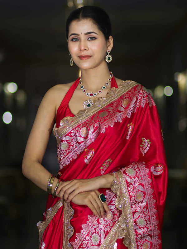 Banarasee Handloom Mashru Silk Saree With Sona Rupa Zari Work Border & Lace-Cherry Red