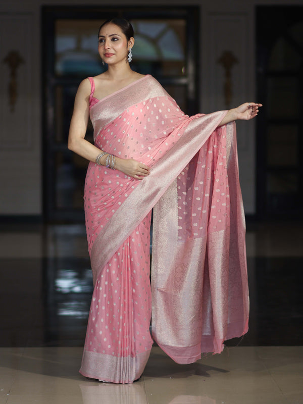 Banarasee Handwoven Chiffon Saree With Polka Dots Design & Border-Peachy Pink
