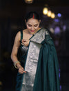 Banarasee Handwoven Plain Semi Silk Saree With Zari Border-Deep Green