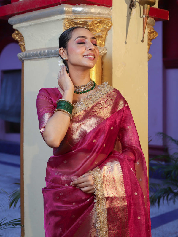 Banarasee Handwoven Tissue Saree With Zari Buti Design Border & Lace-Magenta